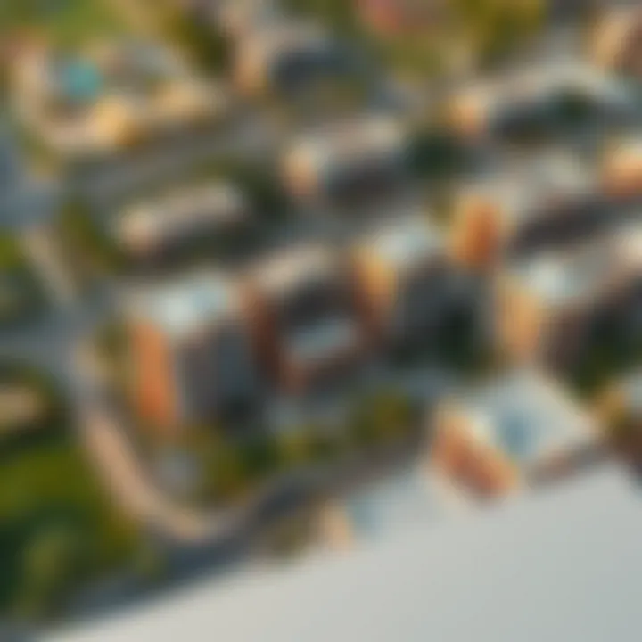 Aerial View of Acacia Community Aerial view of Acacia community in Dubai showcasing residential buildings and green spaces