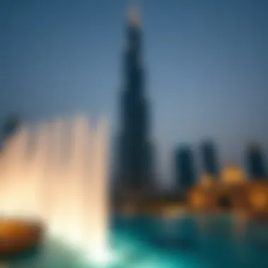 Spectacular Evening View of the Fountain Show Burj Khalifa Fountain Show at dusk