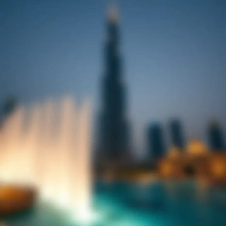 Spectacular Evening View of the Fountain Show Burj Khalifa Fountain Show at dusk