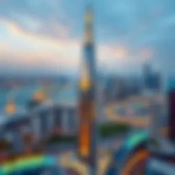 Aerial view of the ByThesea Tower showcasing its unique architectural design against the Dubai skyline