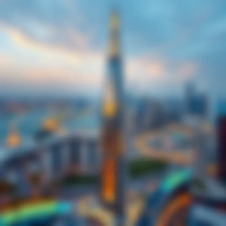 Aerial View of the ByThesea Tower Aerial view of the ByThesea Tower showcasing its unique architectural design against the Dubai skyline