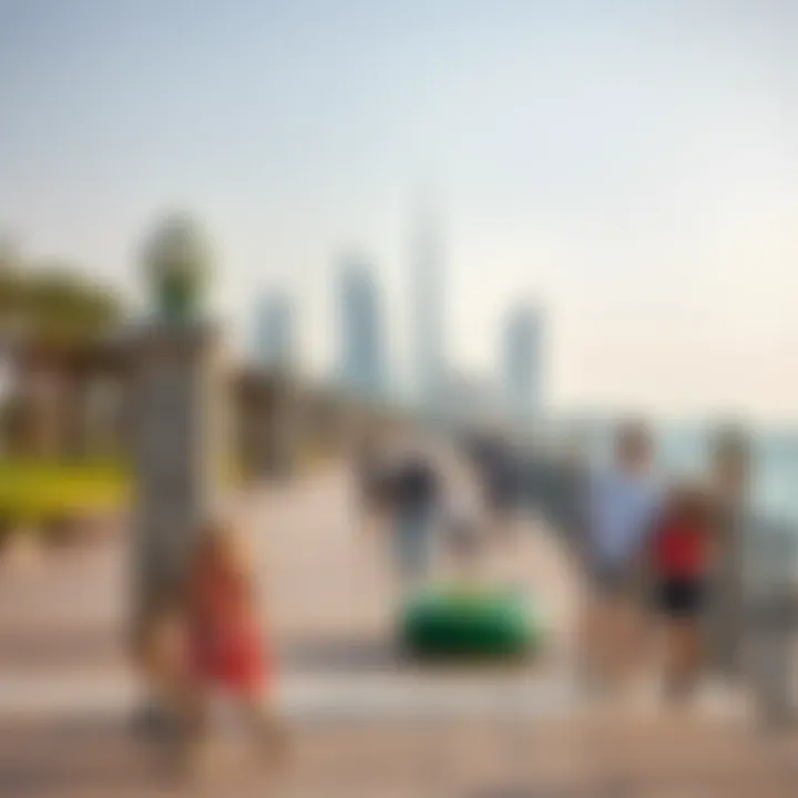 Families enjoying recreational activities at the Creek Beach promenade.