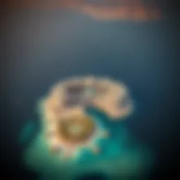 Aerial view of the Crescent Palm island showcasing its unique shape