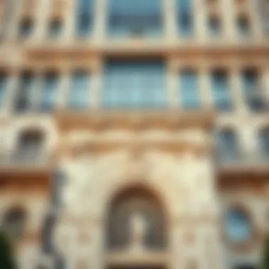 Architectural close-up showcasing the intricate designs of Dalma Plaza's facade.