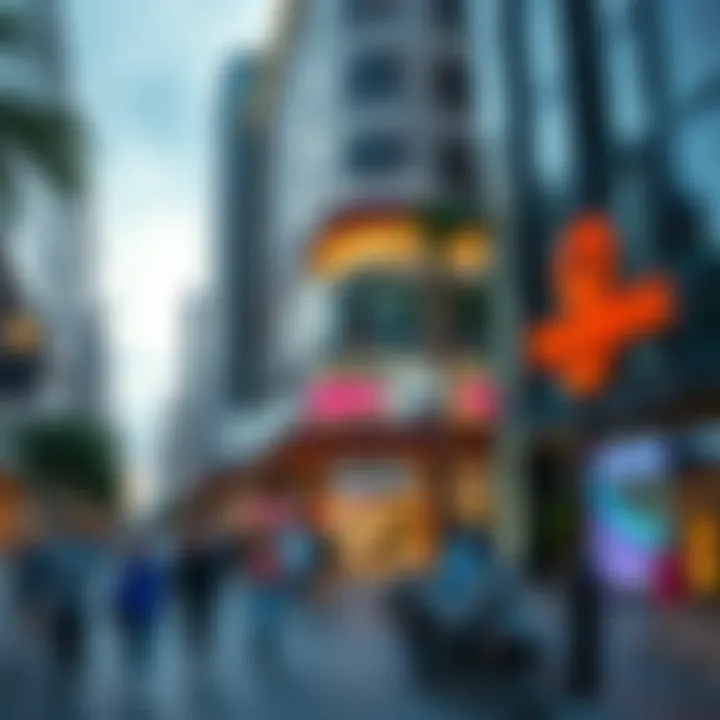 Wide-angle shot capturing the bustling atmosphere around Dalma Plaza.