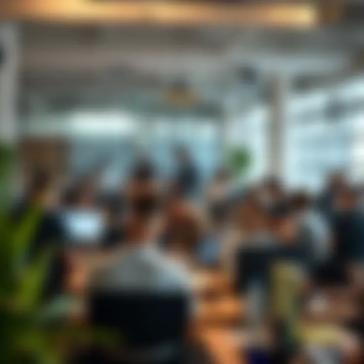 Thriving Freelancer Community A bustling co-working space filled with freelancers at work