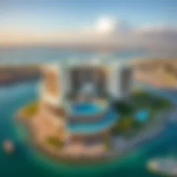 A stunning aerial view of Balqis Residence showcasing its unique architectural design against the backdrop of Palm Jumeirah.