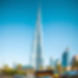 A stunning view of the Burj Khalifa against a clear blue sky