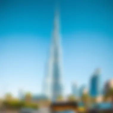 A stunning view of the Burj Khalifa against a clear blue sky