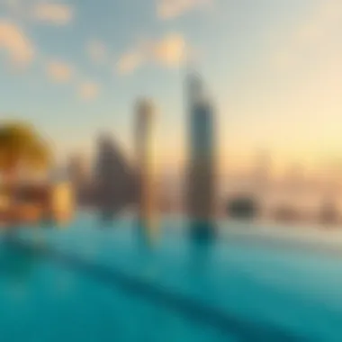 Luxury hotel swimming pool with city skyline view