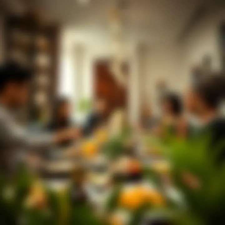 A diverse group enjoying a communal meal in a shared flat