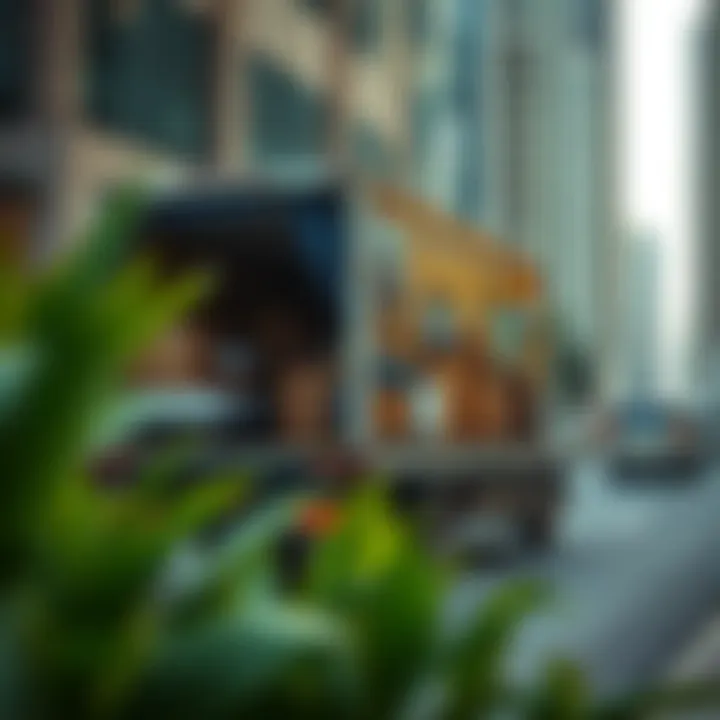 A truck filled with packed furniture ready for transport in an urban setting