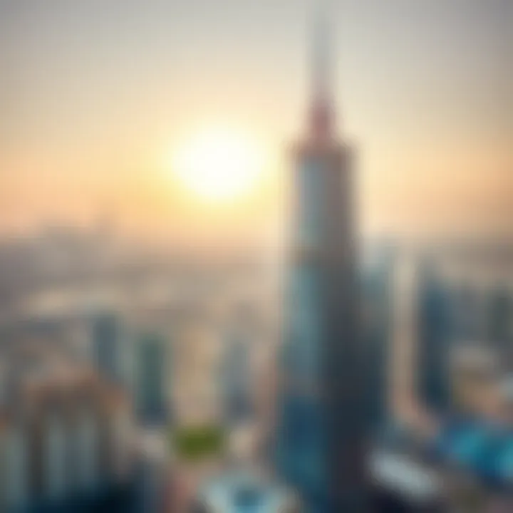 Aerial view of Noor Tower showcasing its unique architectural design against Dubai's skyline.