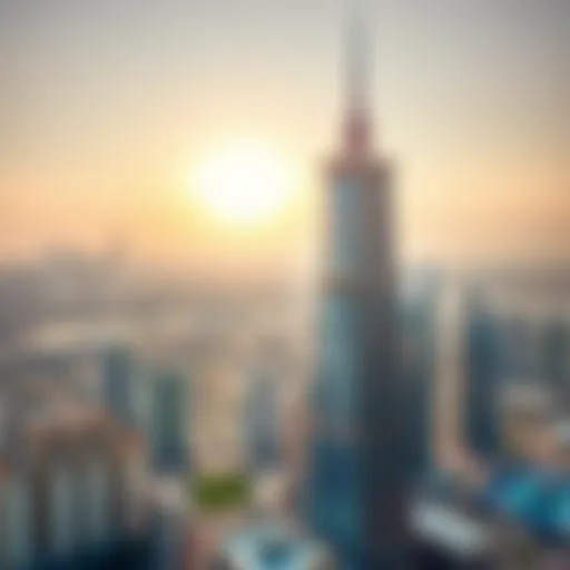 Aerial Perspective of Noor Tower's Distinct Design Aerial view of Noor Tower showcasing its unique architectural design against Dubai's skyline.