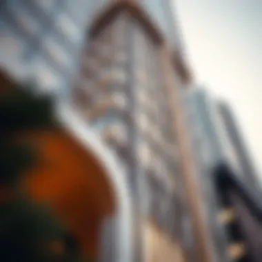 Close-up of Noor Tower's intricate facade highlighting modern architectural elements.