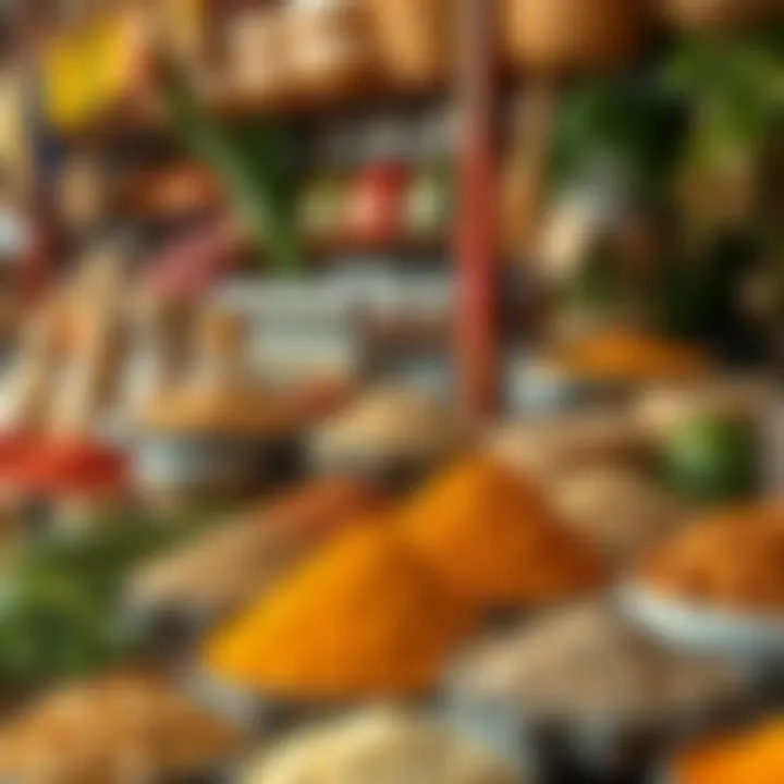 Close-up of exotic spices and herbs on display at the market