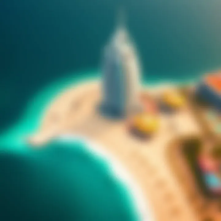 Aerial Perspective of Burj Al Arab Beach Aerial perspective of Burj Al Arab beach highlighting the pristine sands and the vibrant surroundings.