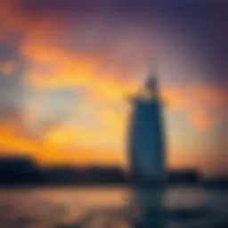 A breathtaking sunset view over Burj Al Arab beach showcasing the iconic architecture against a colorful sky.