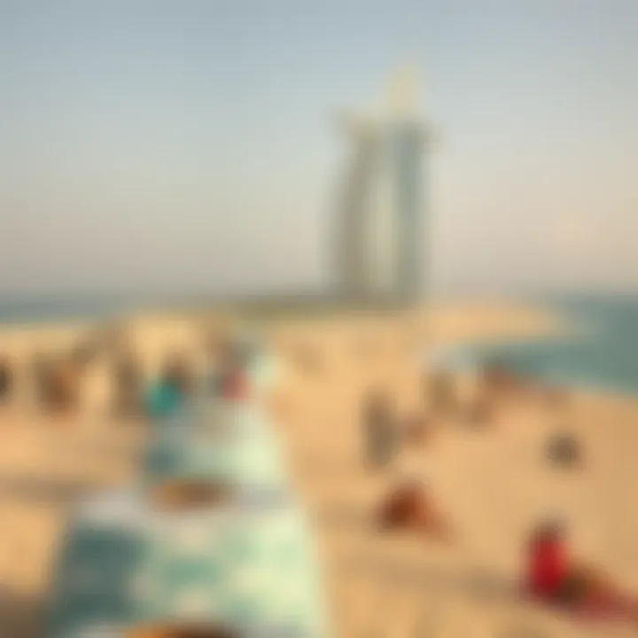 Leisure Activities at Burj Al Arab Beach Panoramic shot of tourists enjoying leisure activities along Burj Al Arab beach, capturing the essence of its cultural vibrancy.