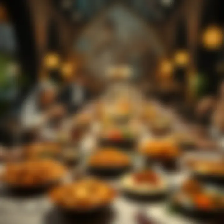 Culinary Hospitality in UAE A festive gathering with a table full of traditional dishes, symbolizing the importance of hospitality in Emirati culture.