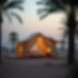 Luxurious tent setup in a desert landscape with palm trees