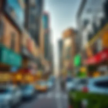 A vibrant commercial area in Dubai bustling with activity