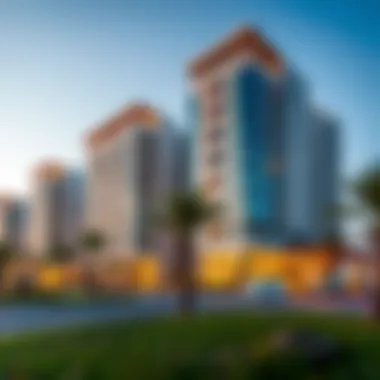 Modern residential buildings in Nesto JVC highlighting contemporary living spaces