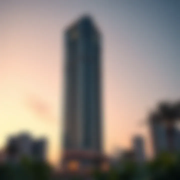 Palladium Tower at Dusk Stunning view of Palladium Tower against a sunset sky