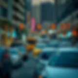 A bustling Dubai street with parked cars
