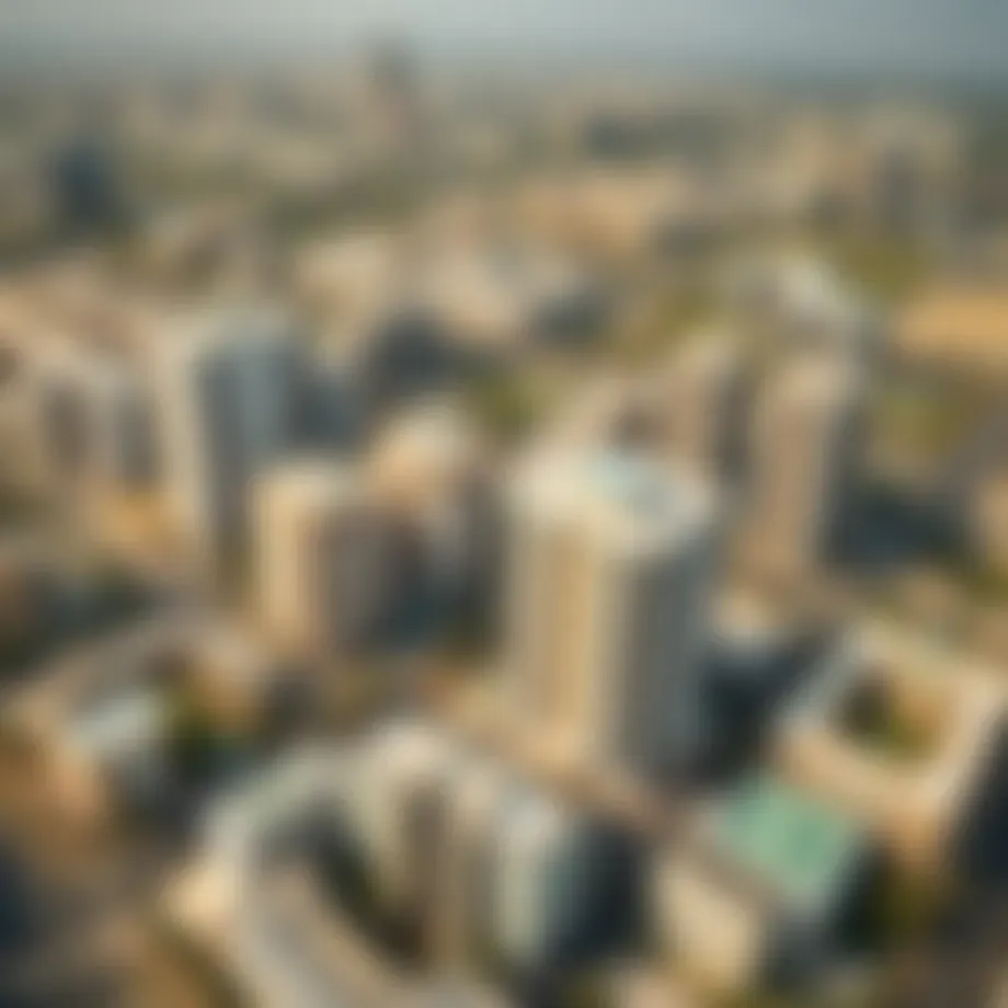 Aerial view of Parklane showcasing residential and commercial buildings