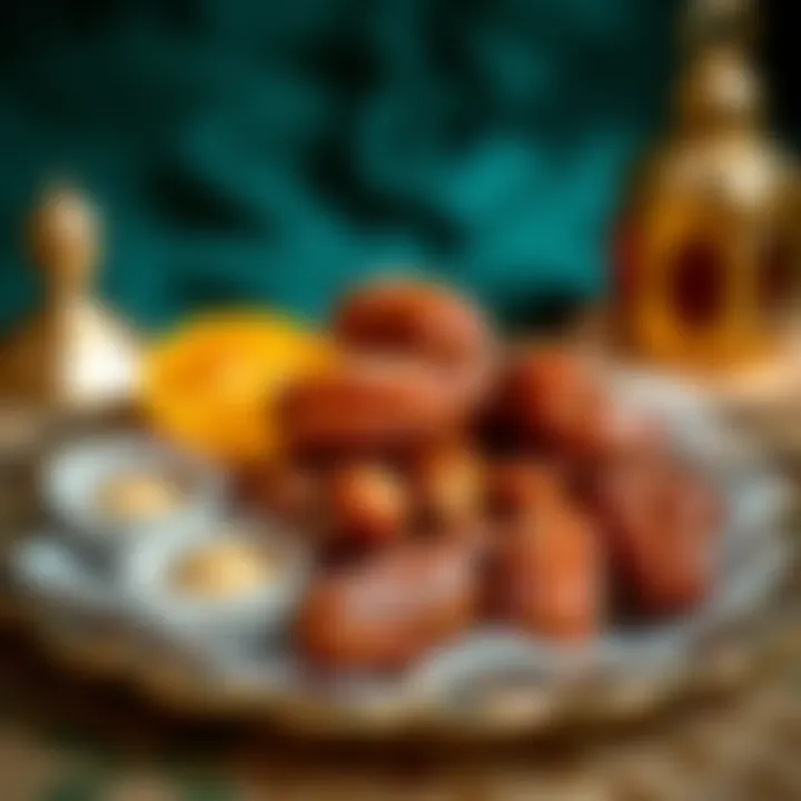 A close-up of traditional Ramadan sweets and dates on a platter