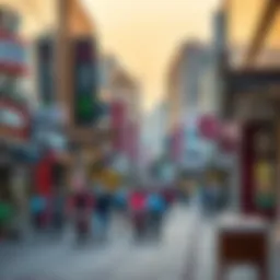 A bustling street scene showcasing various retail shops in Al Barsha