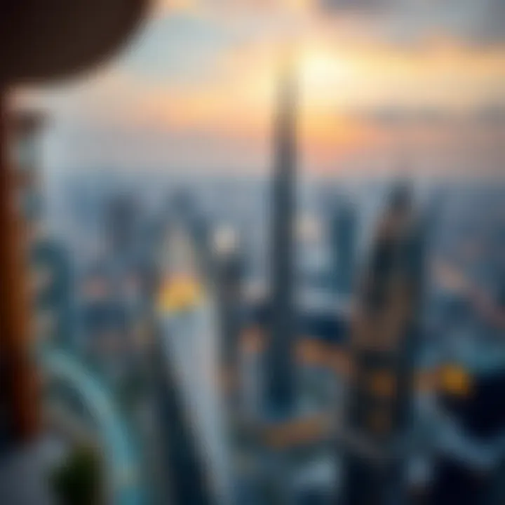 Vista Tower: A Spectacular Outlook on Dubai's Skyline Panoramic city skyline view from Vista Tower's terrace